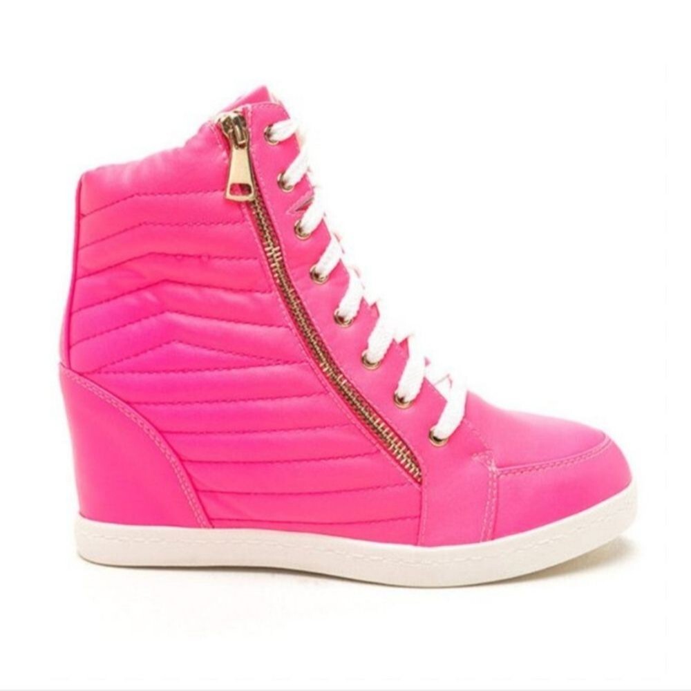 Liliana Sue-49 Neon Pink Quilted Leatherette Round Toe High Top Wedge Sneaker, 6